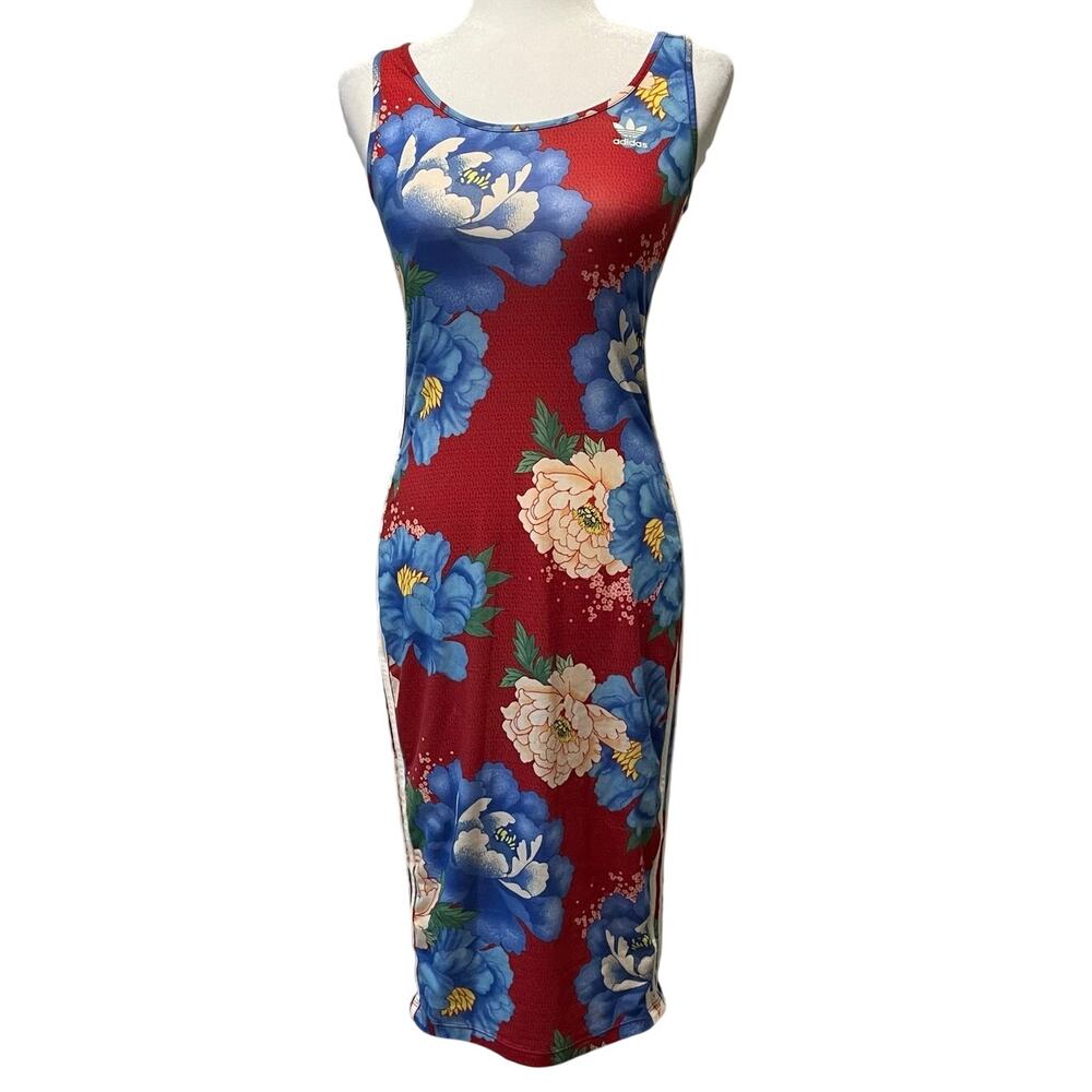 Adidas Floral Bodycon Midi Tank Dress Sz S Sporty Stretchy Red Blue Beachy Chic